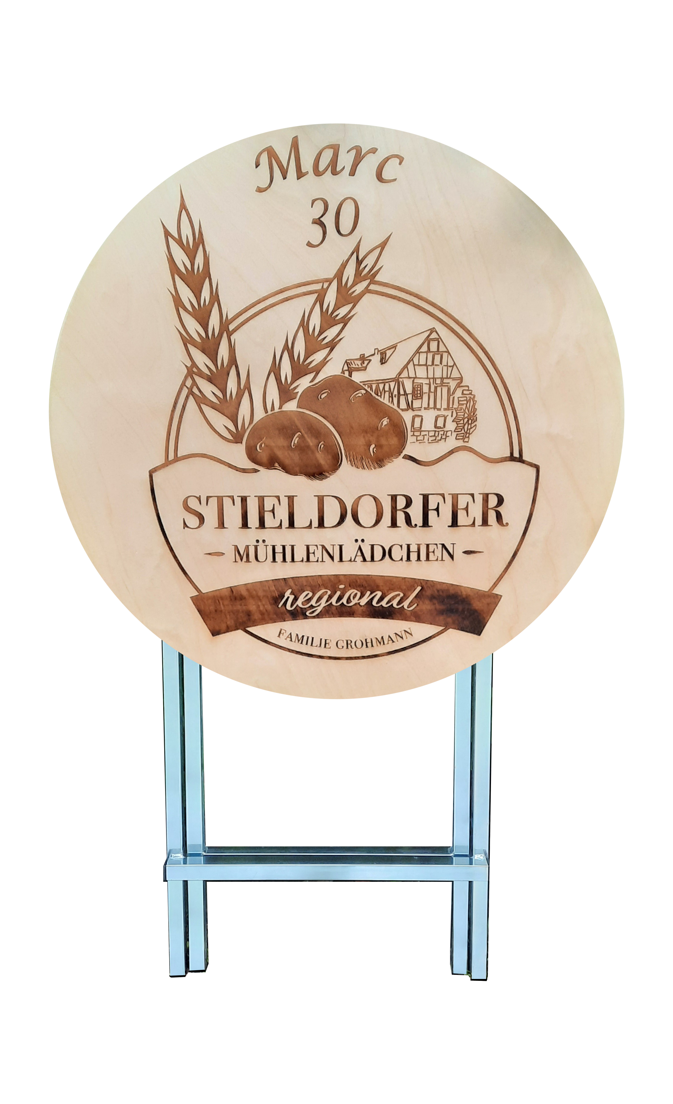 Stehtisch Ø 70 cm Tischplatte aus Birkenholz individuell gestaltbar